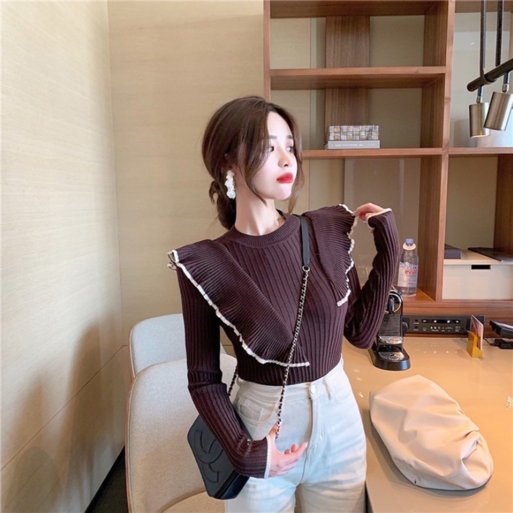 Ribbed crew neck ruffled shoulder sweater
